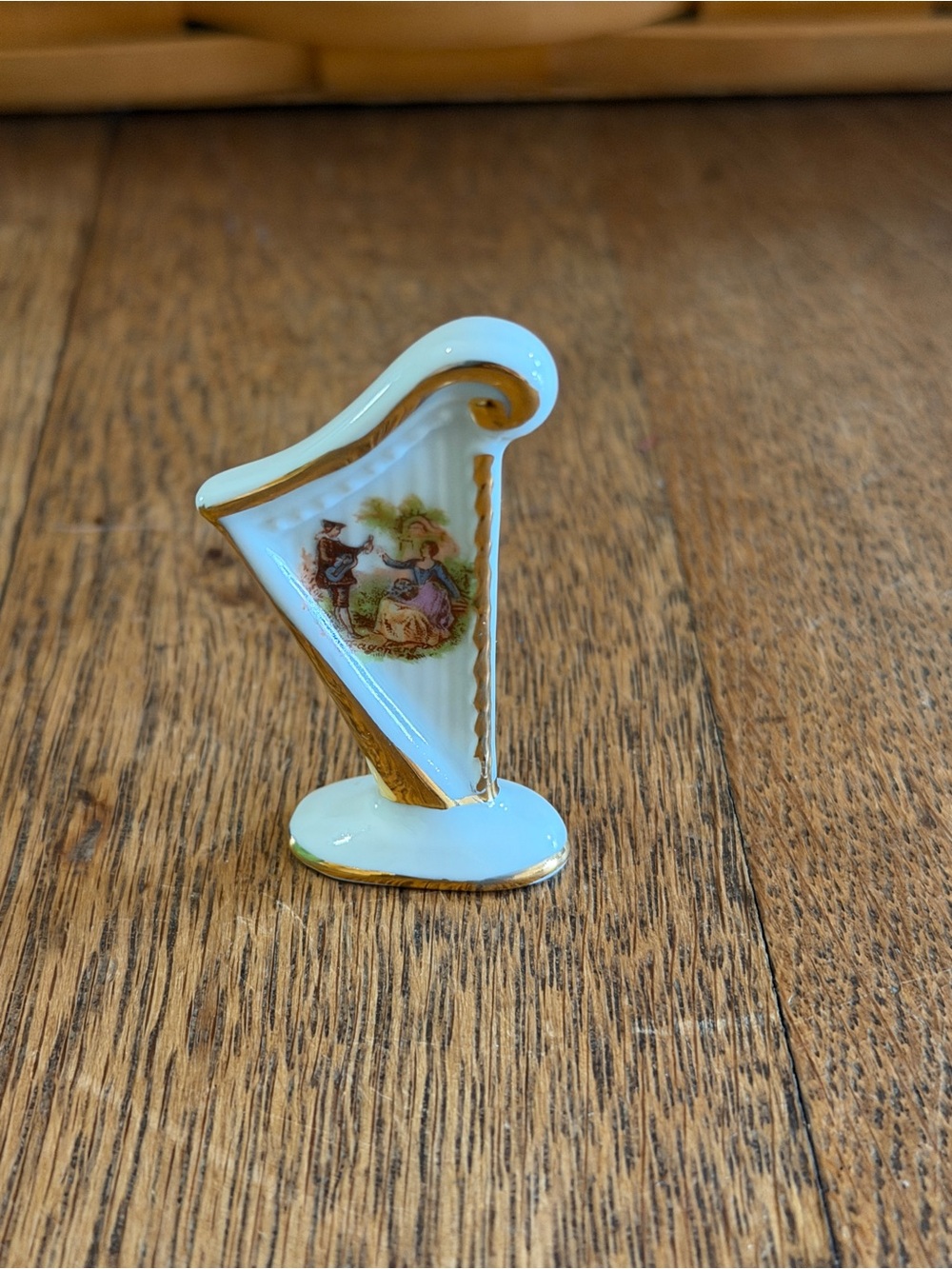 Limoges White and Gold Harp-Shaped Porcelain Mini with Pastoral Scene